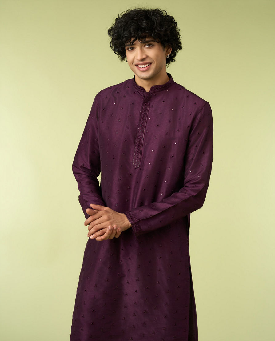 Diwas Men Purple Art Silk Kurta Pajama with Mirror Work