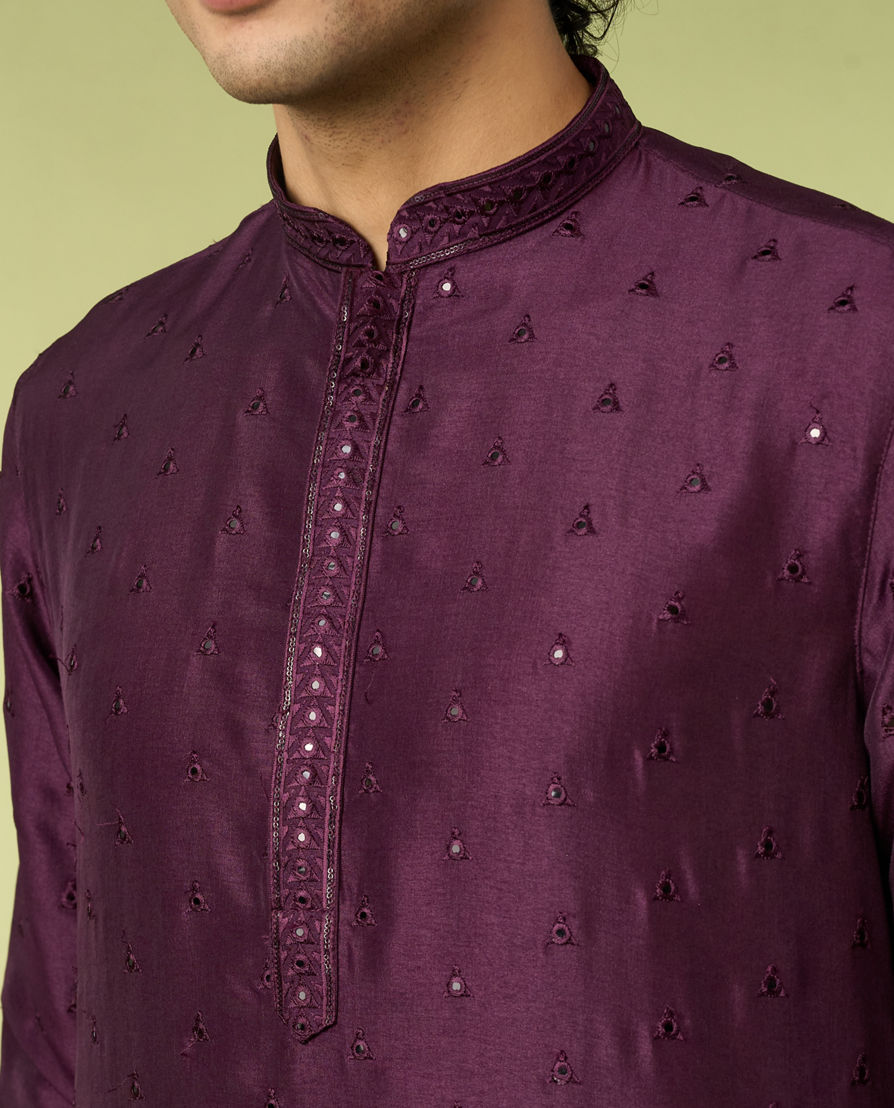 Diwas Men Purple Art Silk Kurta Pajama with Mirror Work