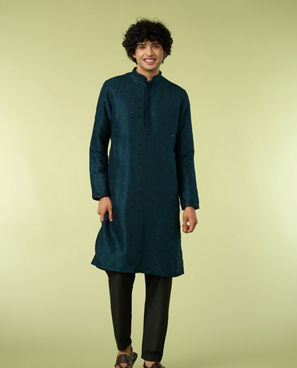 Diwas Men Teal Blue Art Silk Kurta Pajama with Mirror Work