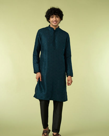 Diwas Men Teal Blue Art Silk Kurta Pajama with Mirror Work