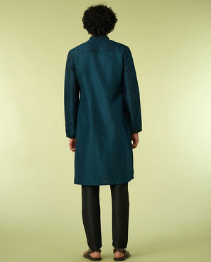 Diwas Men Teal Blue Art Silk Kurta Pajama with Mirror Work