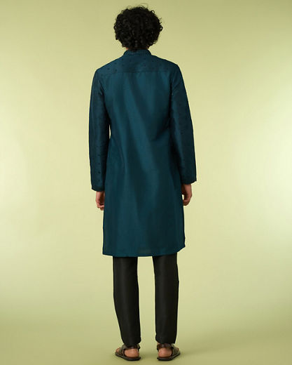 Diwas Men Teal Blue Art Silk Kurta Pajama with Mirror Work