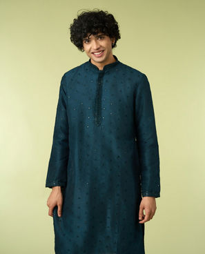Diwas Men Teal Blue Art Silk Kurta Pajama with Mirror Work