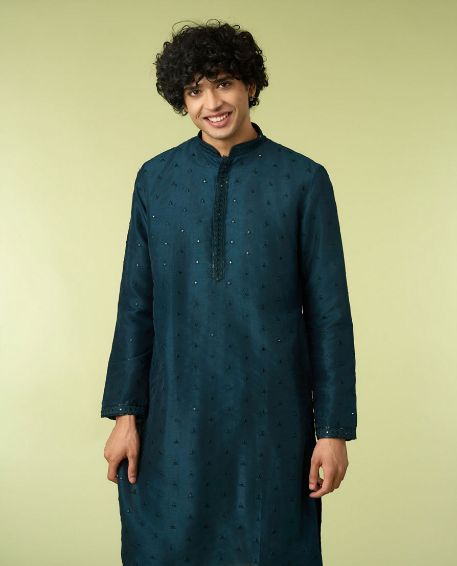 Diwas Men Teal Blue Art Silk Kurta Pajama with Mirror Work