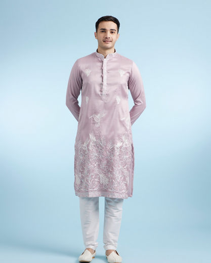 Diwas Men Embroidered Art Silk Kurta Pajama in Lilac