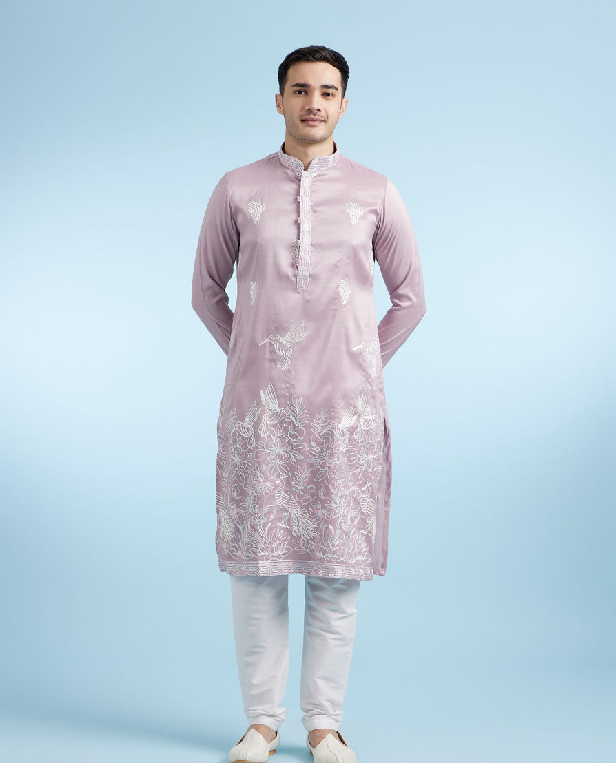 Diwas Men Embroidered Art Silk Kurta Pajama in Lilac
