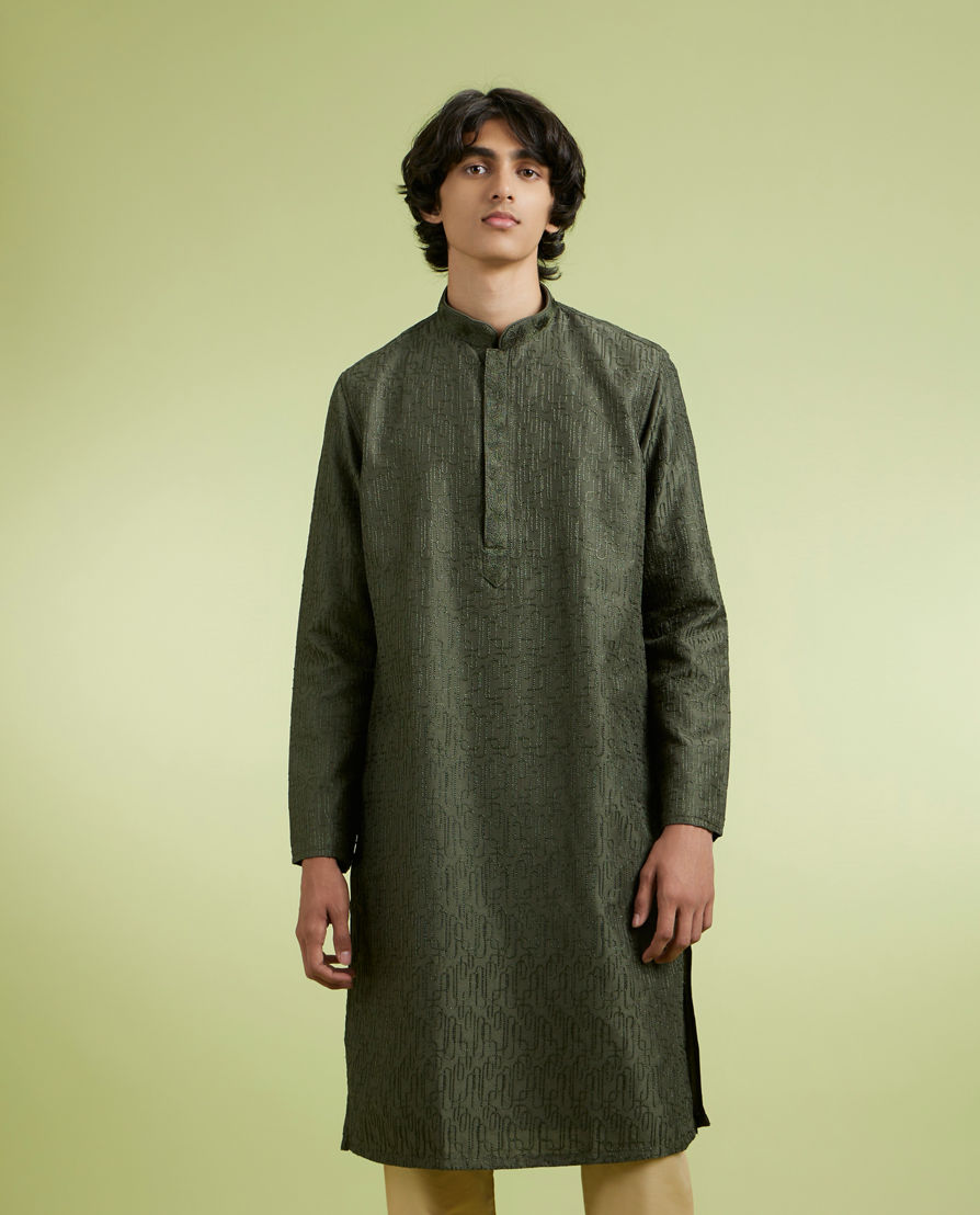 Diwas Men Olive Green Art Silk Kurta Pajama