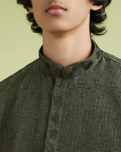 Diwas Men Olive Green Art Silk Kurta Pajama