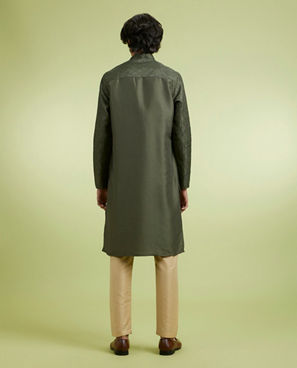 Diwas Men Olive Green Art Silk Kurta Pajama