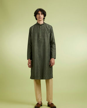 Diwas Men Olive Green Art Silk Kurta Pajama