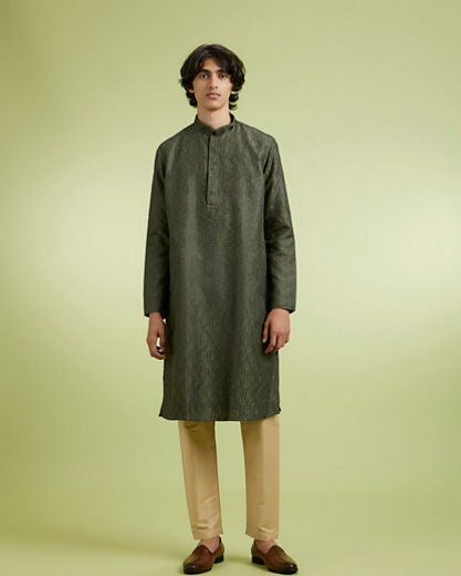 Diwas Men Olive Green Art Silk Kurta Pajama