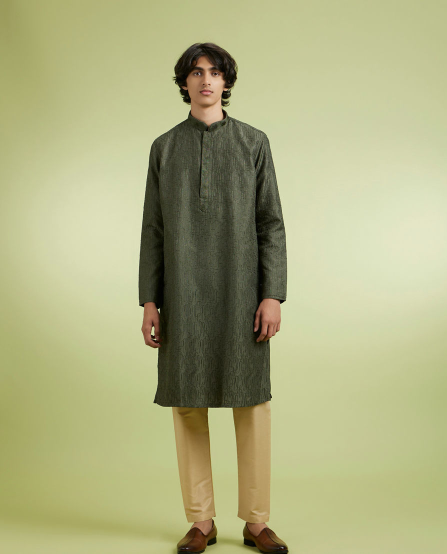 Diwas Men Olive Green Art Silk Kurta Pajama