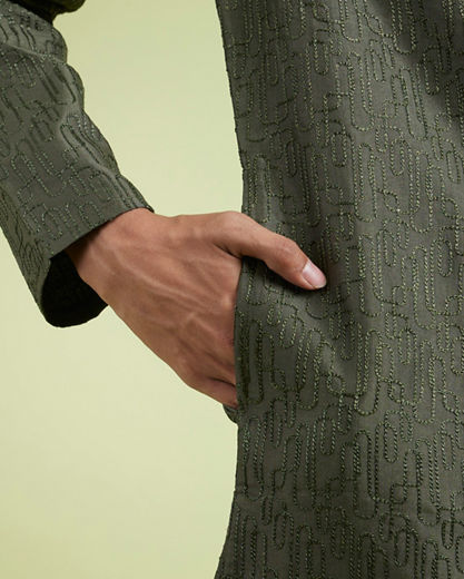 Diwas Men Olive Green Art Silk Kurta Pajama