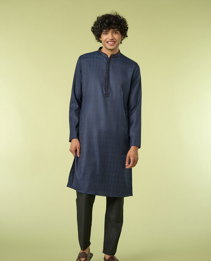 Diwas Men Dark Blue Art Silk Kurta Pajama Set