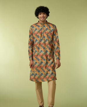Diwas Men Printed Mustard Kurta Pajama