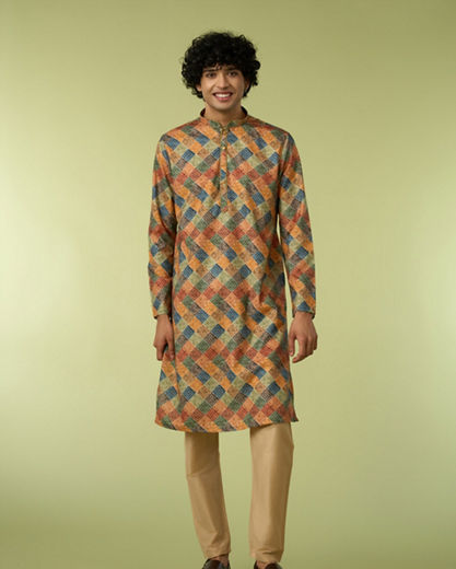 Diwas Men Printed Mustard Kurta Pajama