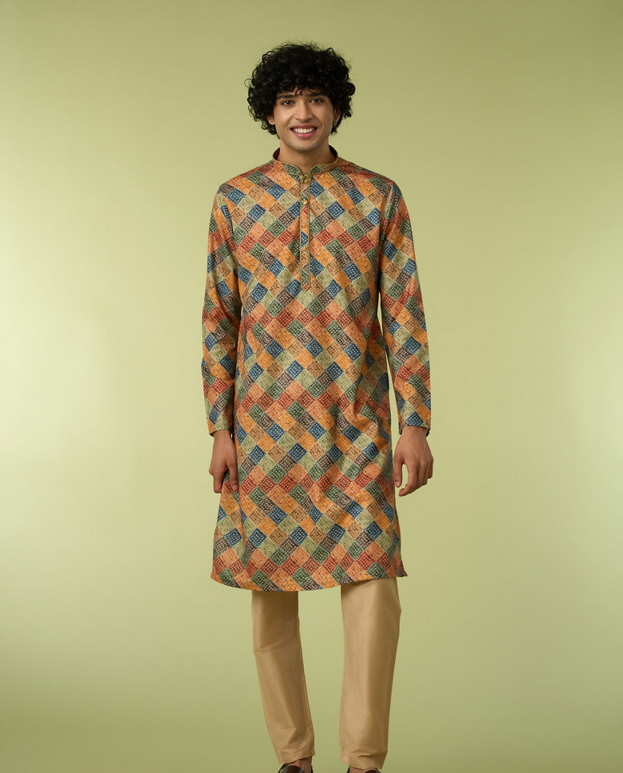 Diwas Men Printed Mustard Kurta Pajama
