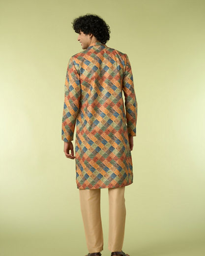 Diwas Men Printed Mustard Kurta Pajama
