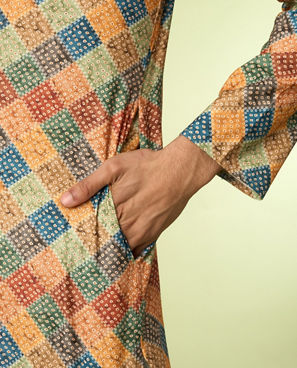 Diwas Men Printed Mustard Kurta Pajama
