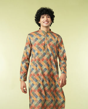 Diwas Men Printed Mustard Kurta Pajama