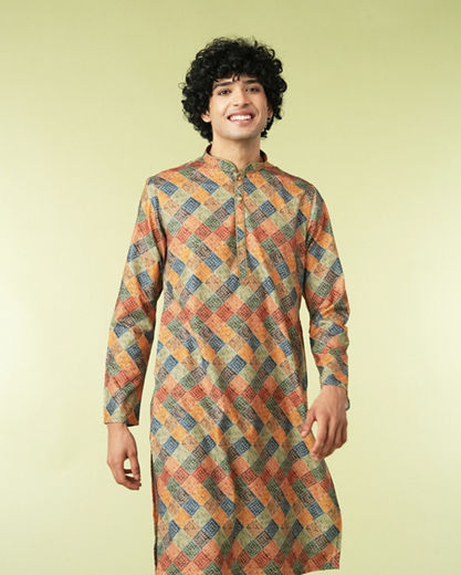 Diwas Men Printed Mustard Kurta Pajama