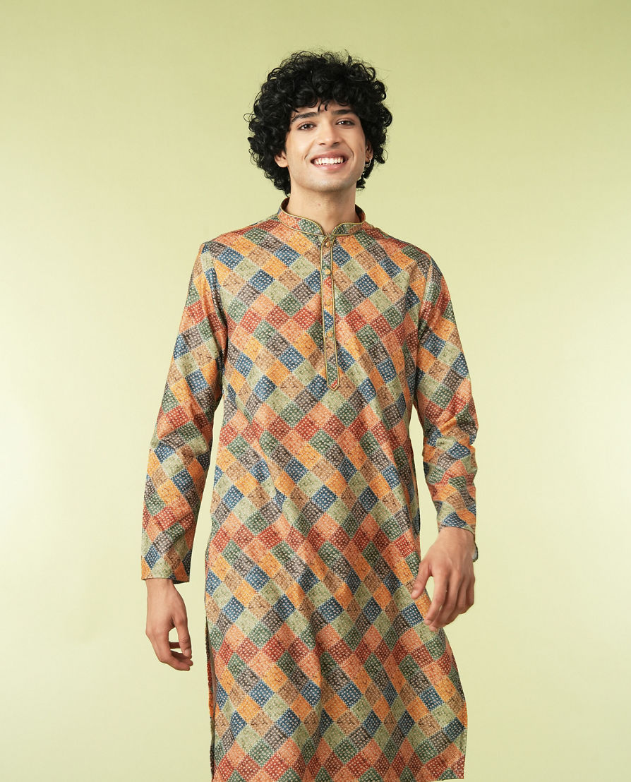 Diwas Men Printed Mustard Kurta Pajama