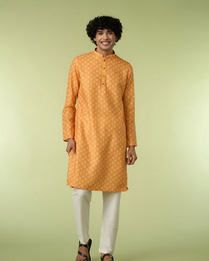 Diwas Men Golden Mustard Sparkle Kurta Pajama