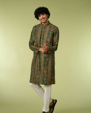 Diwas Men Dark Green Printed Kurta Pajama Set