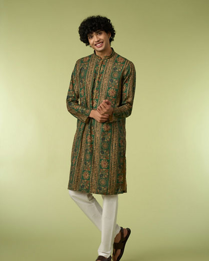 Diwas Men Dark Green Printed Kurta Pajama Set