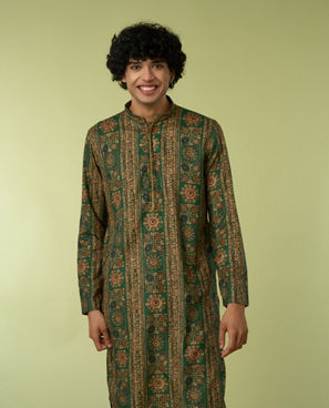 Diwas Men Dark Green Printed Kurta Pajama Set