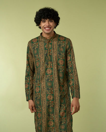 Diwas Men Dark Green Printed Kurta Pajama Set