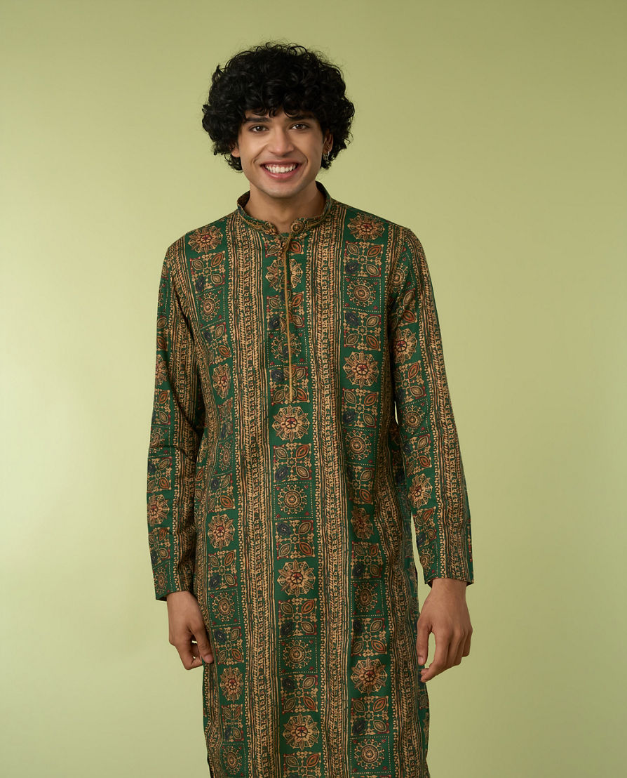 Diwas Men Dark Green Printed Kurta Pajama Set