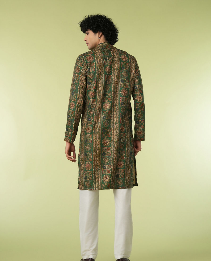 Diwas Men Dark Green Printed Kurta Pajama Set