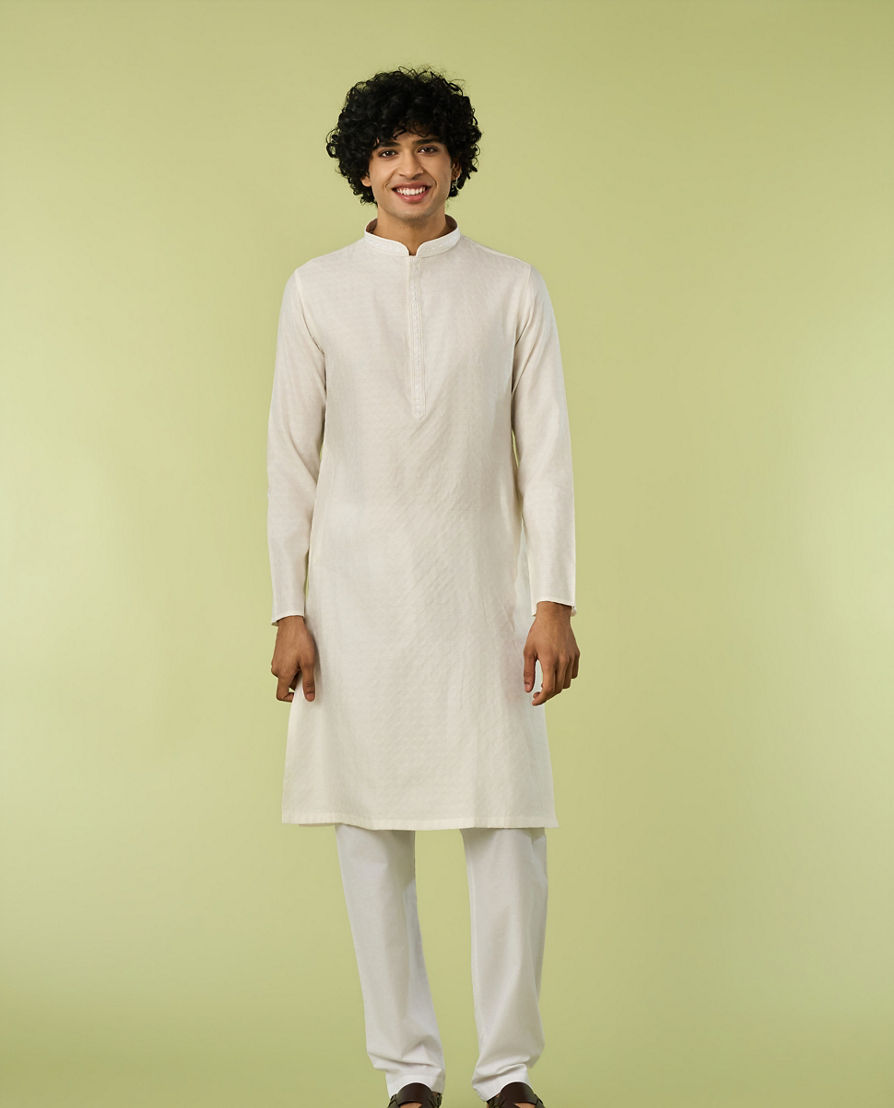 Diwas Men Cream Blended Viscose Kurta Pajama with Embroidery