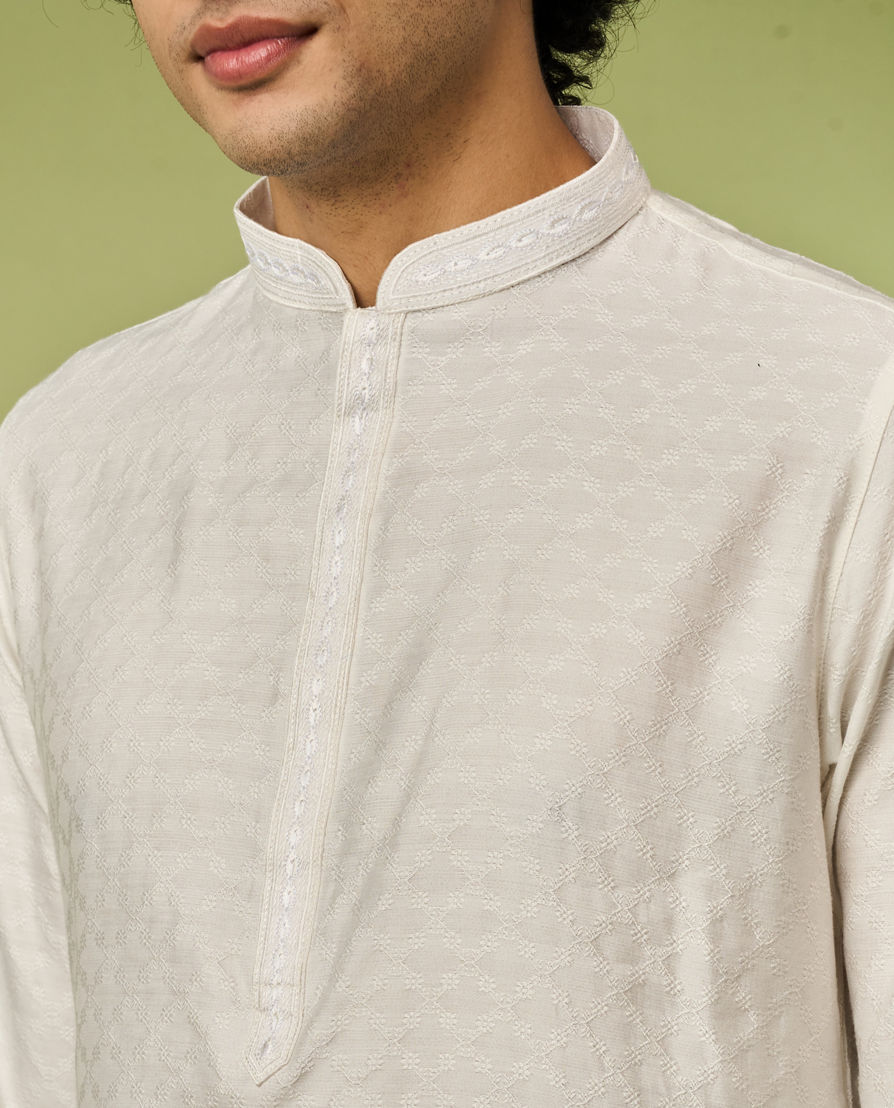 Diwas Men Cream Blended Viscose Kurta Pajama with Embroidery