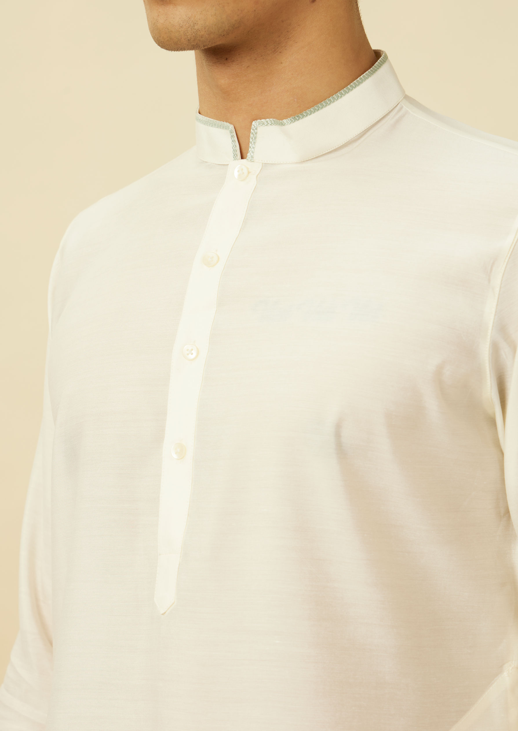 Twamev Men Ivory White Embroidered Kurta Jacket Set