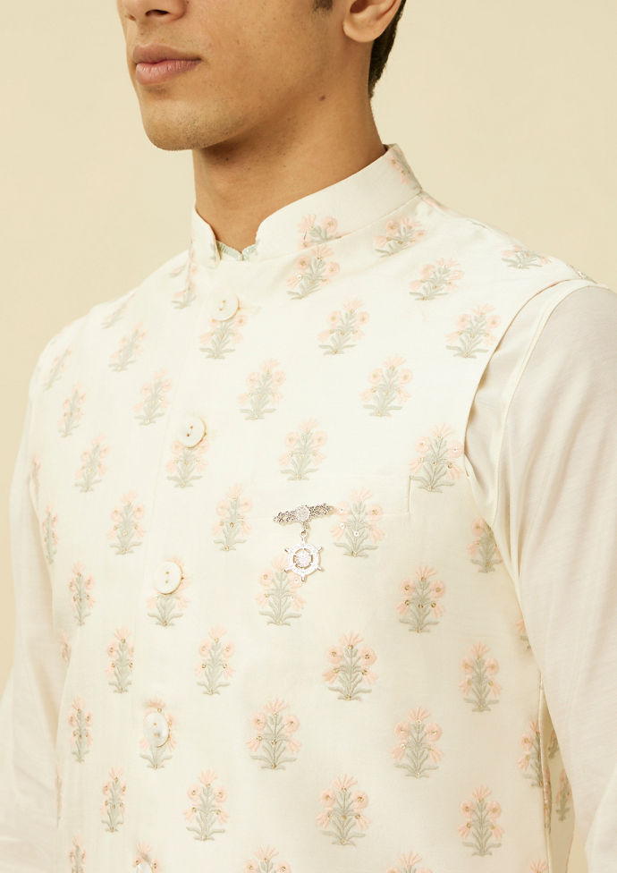 Twamev Men Ivory White Embroidered Kurta Jacket Set