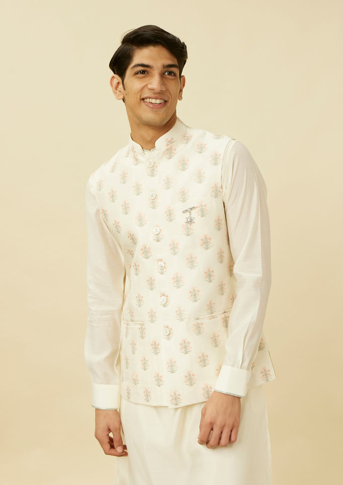 Twamev Men Ivory White Embroidered Kurta Jacket Set
