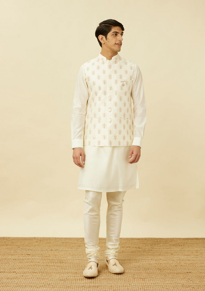 Twamev Men Ivory White Embroidered Kurta Jacket Set