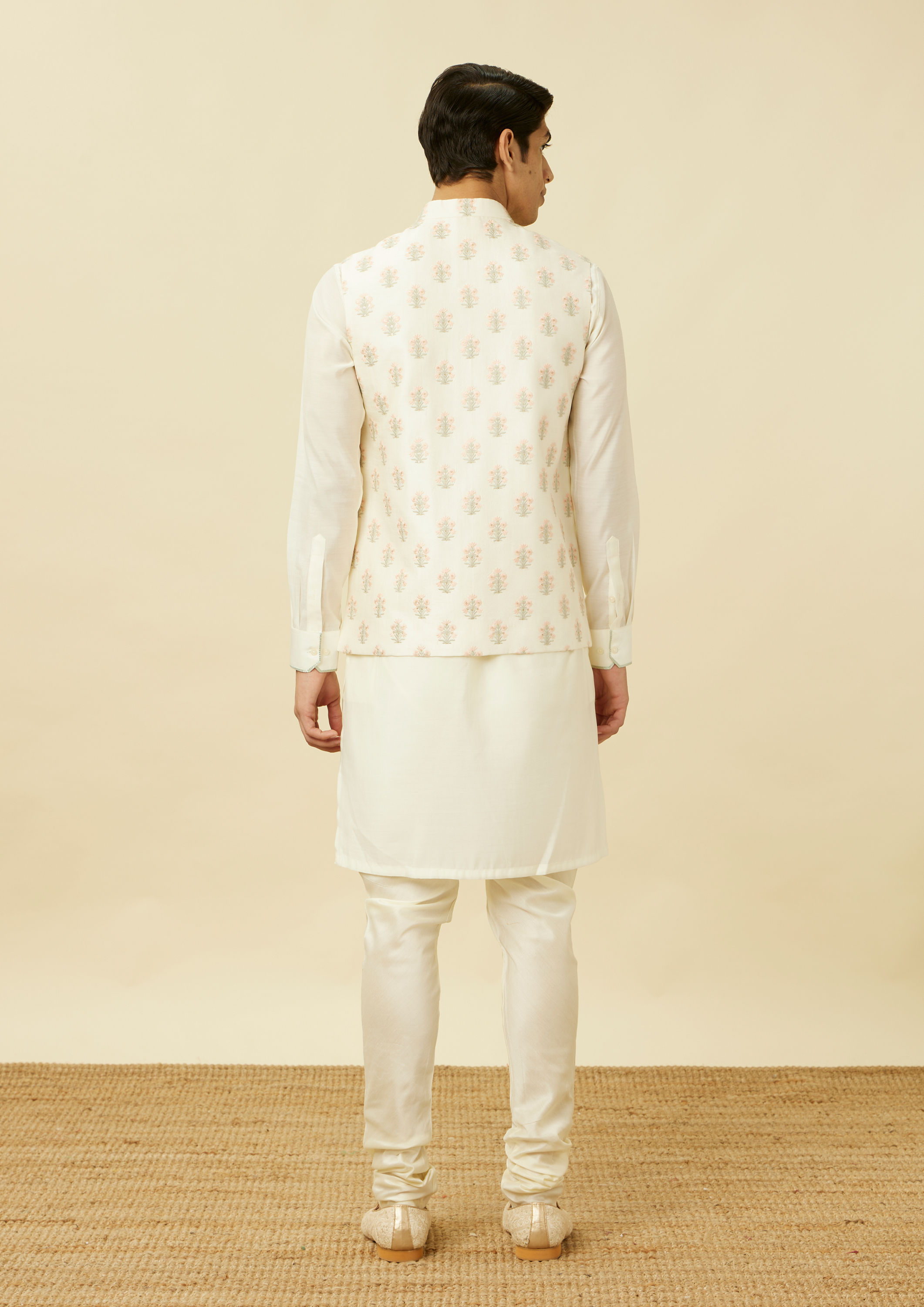 Twamev Men Ivory White Embroidered Kurta Jacket Set