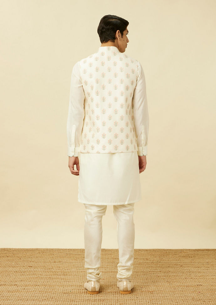 Twamev Men Ivory White Embroidered Kurta Jacket Set
