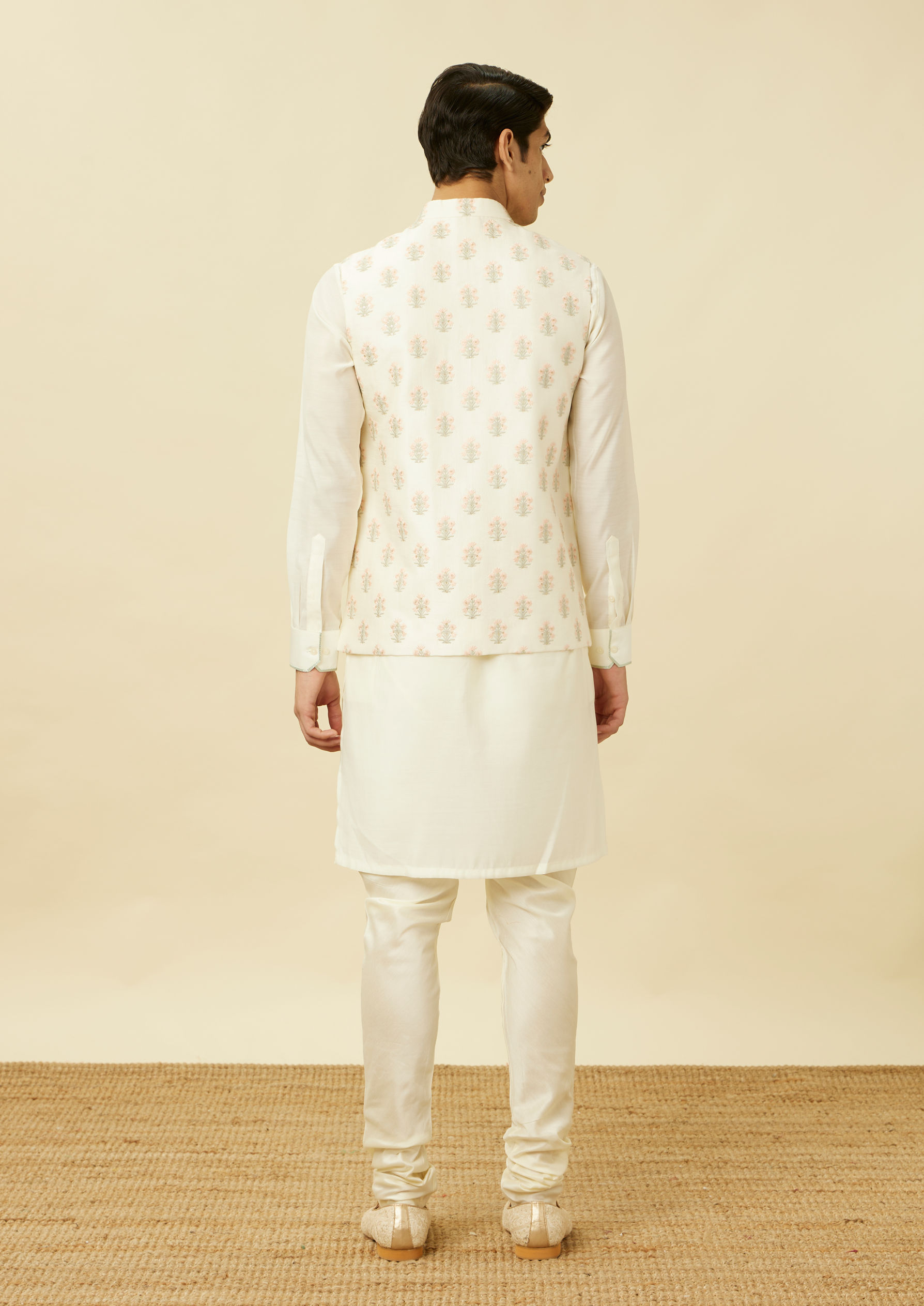 Twamev Men Ivory White Embroidered Kurta Jacket Set