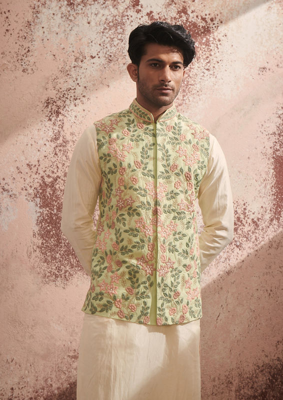 Twamev Men Designer Embroidered Green Kurta Jacket Set