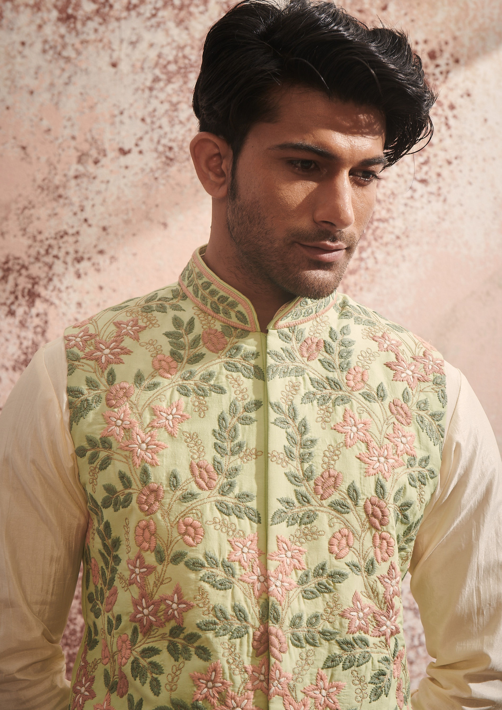 Twamev Men Designer Embroidered Green Kurta Jacket Set