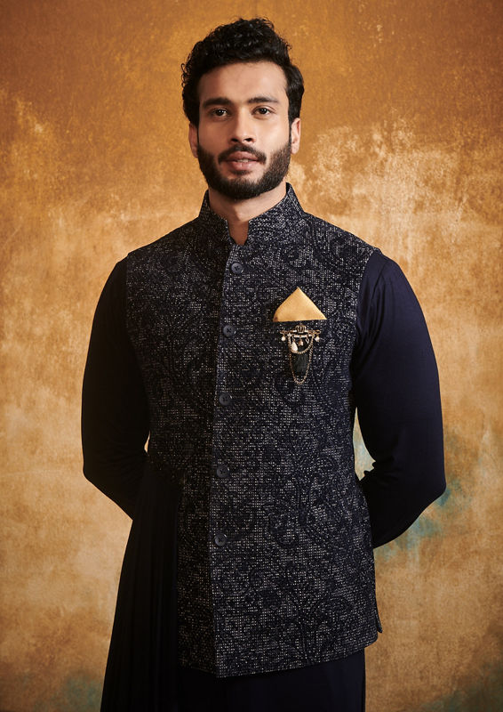 Twamev Men Classic Blue Kurta Jacket Set