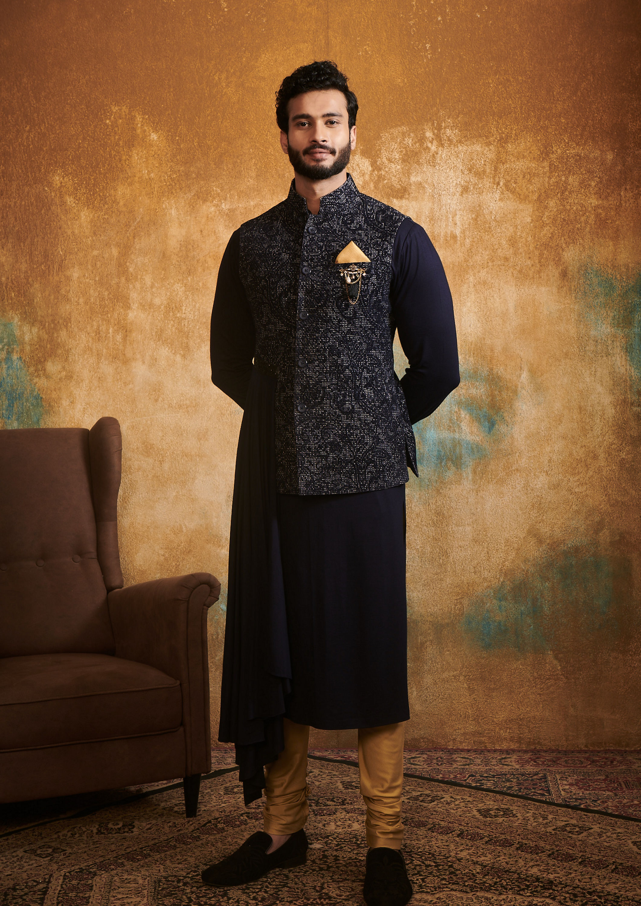 Twamev Men Classic Blue Kurta Jacket Set