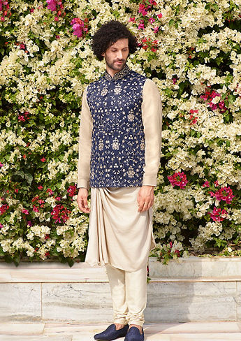 alt message - Twamev Men Luxurious Blue Kurta Jacket Set image number 0