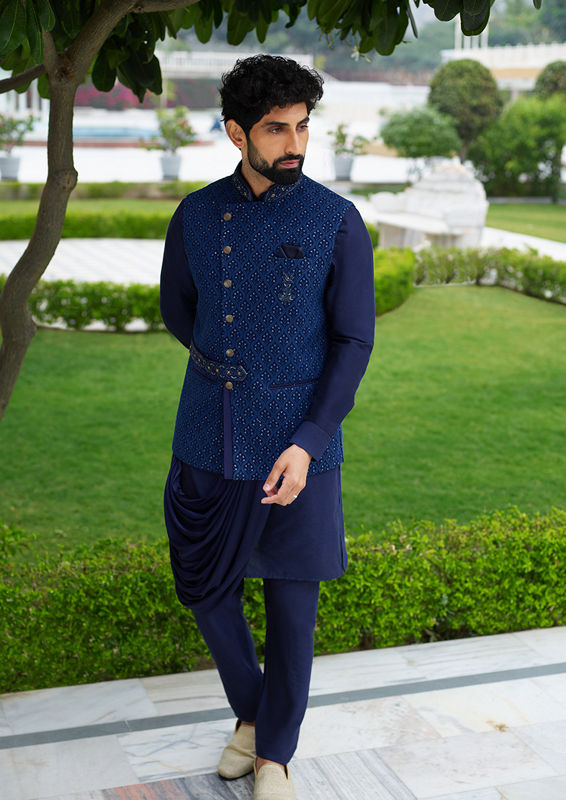 Twamev Men Fashionable Draped Blue Kurta Jacket Set