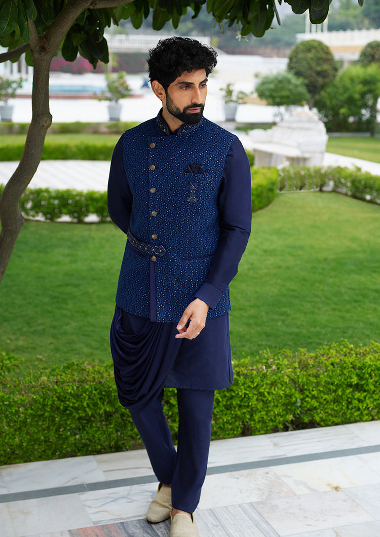 Twamev Men Fashionable Draped Blue Kurta Jacket Set image number 0