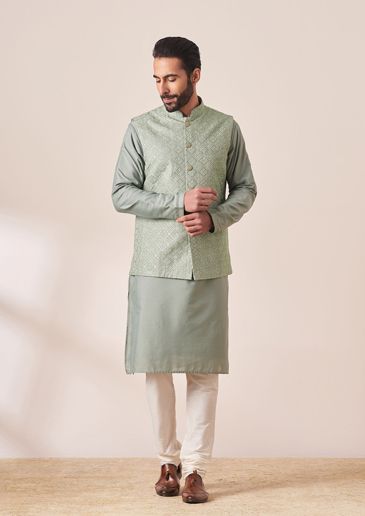 alt message - Twamev Men Light Green Self Design Kurta Jacket Set image number 1